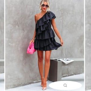 Vici - RADIANCE RUFFLE ONE SHOULDER TIERED MINI DRESS - BLACK